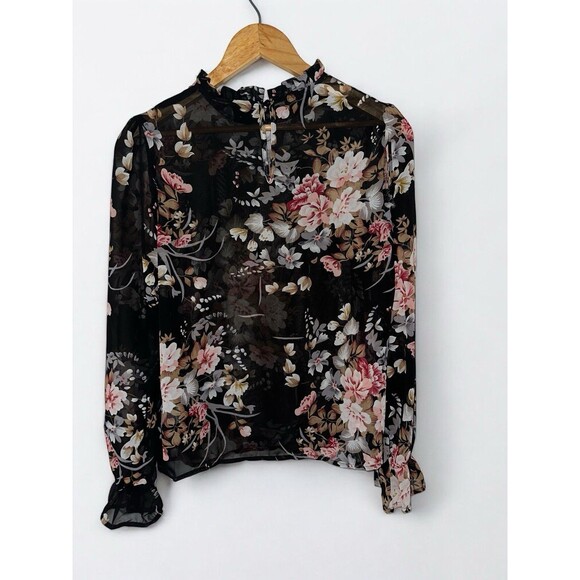 Womens Floral Sheer Blouse Black Long Sleeve Ruffle Neck Romantic Top Small - Picture 5 of 16